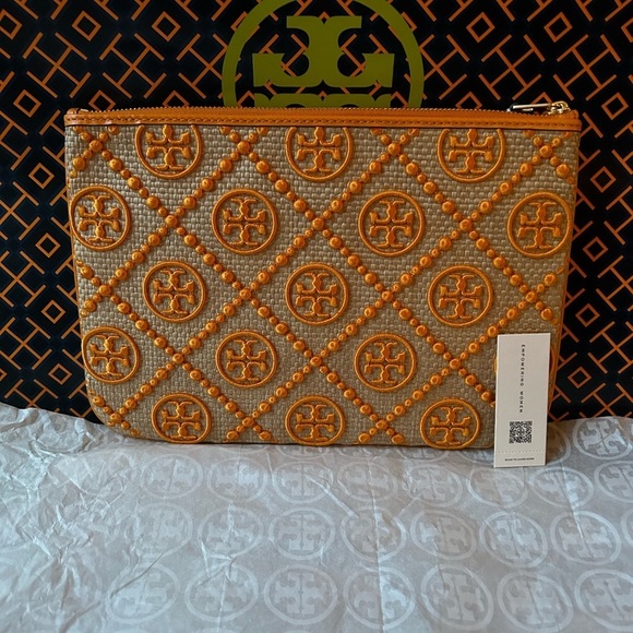 Tory Burch T Monogram Embroidered Straw Pouch Orange Citrine - Picture 10 of 11